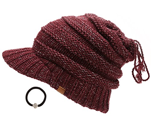 D&Y Women's Beanie Tail Cable Knit Visor Ponytail Beanie Hat with Hair Tie.(Burgundy)