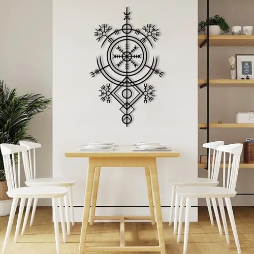 Decoración de Pared de Metal Minimalista Moderna - Vegvisir Art, Viking Decor, Escultura Extraordinaria, Símbolos de guías (Negro, 24x15 Pulgadas | 62x39 cm)