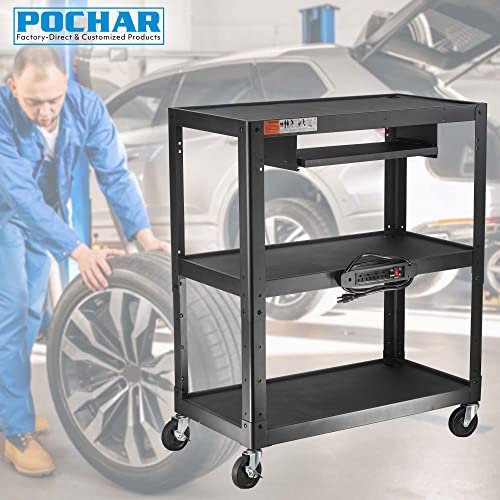 Extra Large 3 Tier Rolling Cart With Power Strip - Heavy Duty Utility Cart Rolling Computer Cart - 14 Gauge 2Mm Durable Utility Cart - Supports Up To 300 Lbs (34'' X 18'' X 41.75'') #TOP6