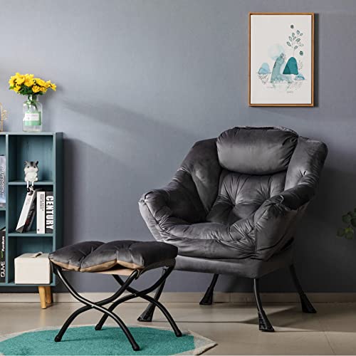 Hollyhome Modern Fabric Lazy Chair And Folding Footrest Stool Set, Accent Contemporary Lounge Chair And Portable Ottoman, Steel Frame Leisure Sofa Chair And Cotton Anti-Slip Footstool, Smoky Grey #TOP5