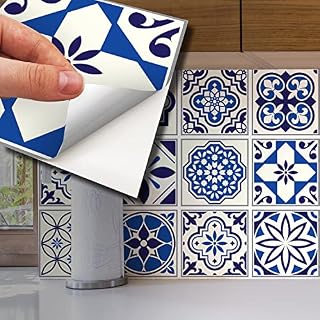 WALPLUS 15cm(6") 24 pcs Spanish & Moroccan Blue Wall Tile Stickers Peel and Stick Backsplash Self-Adhesive Vinyl Home Decoration DIY Living Bedroom Splashbacks for Kitchen Tile Paint Stick on Tiles