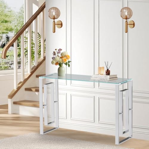 Ssline Elegant Glass Console Entryway Table, 47 Inch Clear Glass Narrow Long Sofa Table, Modern Accent Table Entrance Table With Silver Geometric Stainless Steel Frame For Entrance, Living Room thumb #2