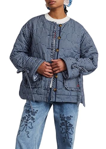 LifeShe Women Plaid Puffer Quilted Jacket Crop Button Up Padded Coats Collarless Winter Coat with Pocket