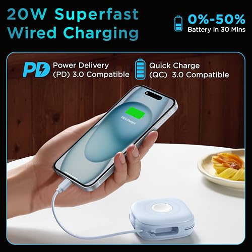 URBN 10000mAh Atom Link 5-in-1 Magsafe Power Bank | Built-in USB-C & Lightning Cable | 15W Fast Wireless & 20W Wired Charging | Compatible with Apple Watch | Strong Magnetic Hold (Light Blue) 4 51db8ppuvUL