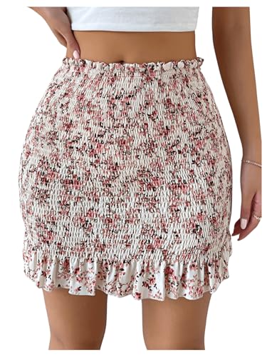WDIRARA Women's Floral High Waisted Mini Bodycon Skirt Boho Ruffle Trim Smocked Short Skirts