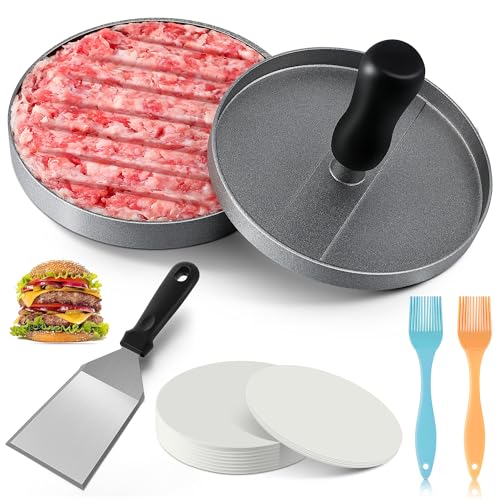Dunkive 4.7 Inch Hamburger Press Patty Maker Set, Stainless Steel Non Stick Hamburger Mold with Smash Burger Spatula, 100 Patty Papers and 2 Basting Brushes, Burger Patty Mold for Homemade Hamburger