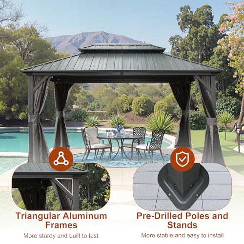 Osparple 10 x 12 FT Hardtop Gazobo, Aluminum Metal Canopy with Double Galvanized Steel Roof, Outdoor Gazebo with Netting and Curtain for Backyard, Party, Wedding, Outdoor Dining - Black - Image 4