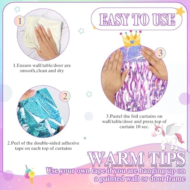 Jutom 6 Pieces 3.3 x 6.6 ft Wavy Tinsel Foil Fringe Curtains Foil Fringe Streamer Backdrop Party Curtain for Sea Mermaid Baby Shower Birthday Party Decoration(Purple, Pink, Blue Green)