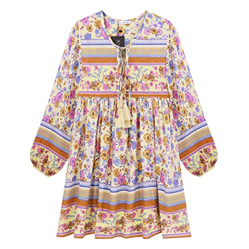 R.Vivimos Womens Long Sleeve Floral Casual Print Cotton Mini Tunic Dress (XS, Beige)