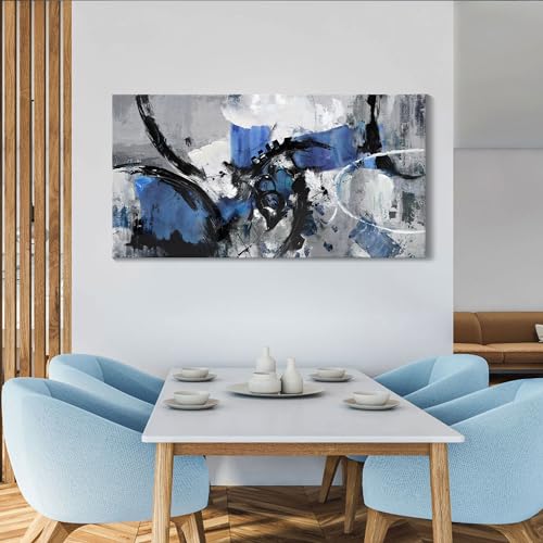 Image of Abstract Canvas Wall Art: Large Wall Art Paintings for Living Room, Modern, Framed Artwork in Blue and Black -Bedroom, and Office Decorations for Work - Pictures for a Stylish Wall Decor