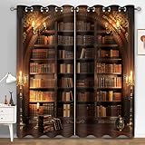 HIYSMT Vintage Bookshelf Curtains Old Library Books Bookcase Blackout Curtains for Classroom Magic Oil Lamp Candle Gothic Darkening Window Drapes 4284inch 2 Panel HI010DX
