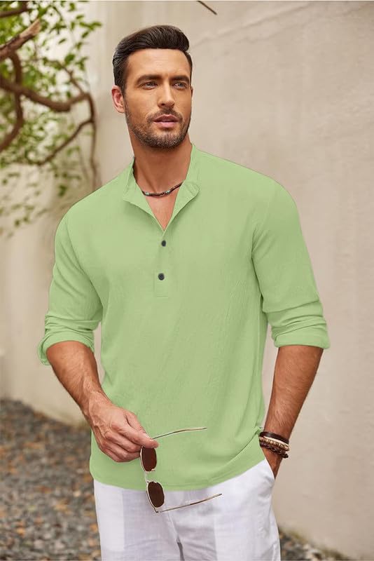 Image of Men's Cotton Blend Straight Kurta Shirt Combo with Mandarin Collar - Slim Fit Casual Short Kurti Set Featuring Textured Slub Fabric and Roll-Up Full Sleeves