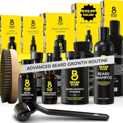 The Beard Club Advanced Beard Growth Kit - Derma Roller Growth Oil Vitamins and Vitamin Spray Shampoo and Boar Bristle Brush - Gift Set - Cedar