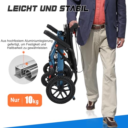Rollstühle für Erwachsene, Transportrollstuhl, leicht, faltbar (nur 1 Sekunde), ultraleichter Rollstuhl mit 25,4 cm Wabenreifen (nur 9 kg, hält 100 kg)
