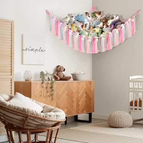 Lunriwis Kuscheltier Aufbewahrung Netz mit LED-Leuchten, Boho Makramee Spielzeug kinderzimmer deko, StofftieStofftier Aufbewahrungstasche Hängematte Aufbewahrung Kuscheltiere Rosa
