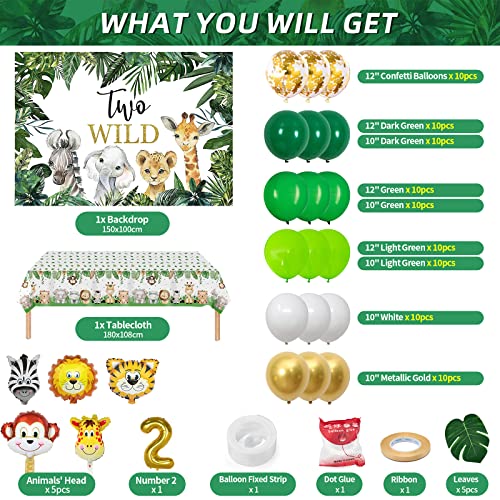 Two Wild Birthday Decorations Boys - 106Pcs Second Birthday Party Supplies, Jungle Safari Balloon Arch/ Garland Kit, Two Wild Backdrop, Tablecloth, Latex Balloons, Animmal Balloons, Leaves #TOP1