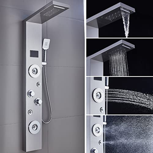 Image of ELLO&ALLO LED Rainfall Waterfall Shower Head Rain Massage System with Body Jets Stainless Steel Bathroom Shower Panel Tower System, Brushed Nickel