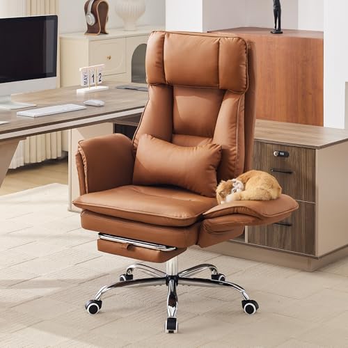 Image of Big and Tall Office Chair, Footrest & Flip Armrest for Pets, PU Brown