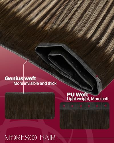 Image of Moresoo Butterfly Weft Hair Extensions Human Hair, Invisible Genius Weft, Medium Brown Mixed with Caramel Brown 16 Inch 80g, OVO PU Hole, Straight Soft Remy Hair, Simple Installation