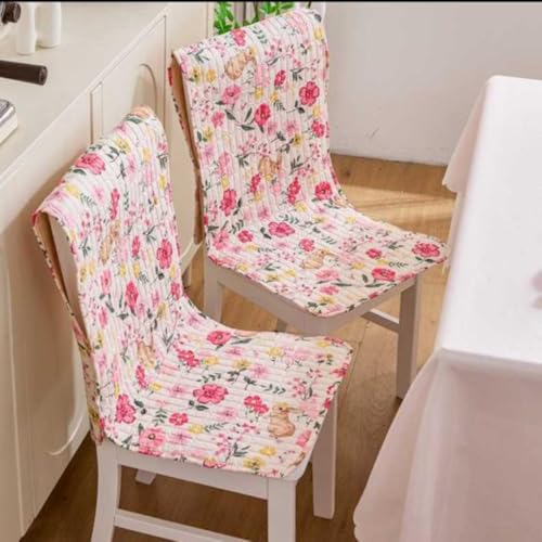 Image of HOMETHREADS Floral Quilted Cotton Chair Cover - Soft, Comfortable Dining Chair Seat Protector with Non-Slip Backing & Strong Elastic Strap for Snug Fit(Cream Pink, Pack of 2)