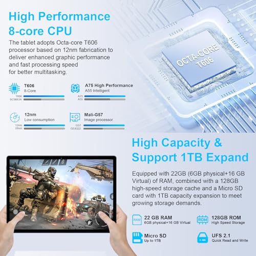 Image of 2026 Tablet 10 Inch Android 14 Tablets with Keyboard, 22GB RAM 128GB ROM, 8000mAh Battery, 5G Wifi, HD IPS Display, Widevine L1, Octa-Core, TF 1TB, GPS, Mouse, Case, Split Screen, Metal Body -Blue
