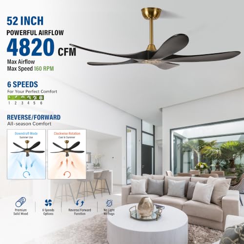 ECZ 52 Inch 5 Curved Upturned Wood Blades Ceiling Fan Without Lights