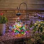 NEWNEN Solar Hanging Flower Basket Artificial Flowers with Solar RGB String Lights 10 Inch Coconut Lining Hanging Baskets with Artificial Flowers for Patio Lawn Garden Decor - 7 Colours