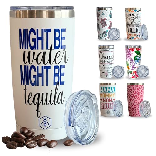 Biddlebee Birthday Gifts for Women Funny & Sarcastic Travel Coffee Mug w/Slider Lid | 20oz Insulated Coffee Tumbler | Funny Gifts for Women | 40th Birthday Gifts Women | Might Be Tequila
