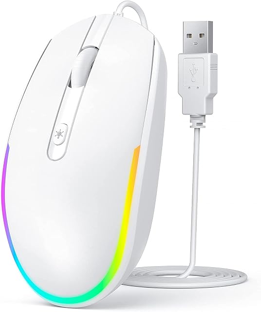 Seenda Wired Mouse, LED RGB Backlit Mouse with 1.5m USB Cable, 1600 DPI Silent Ergonomic Portable Computer Laptop Corded Mice for All USB Enabled Devices - White