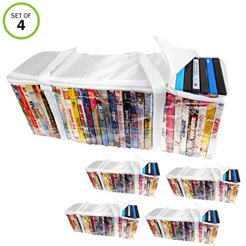 Evelots DVD/BluRay/Video-Storage Bag-Clear-Handle-Hold 160 Total-White Top-Set/4