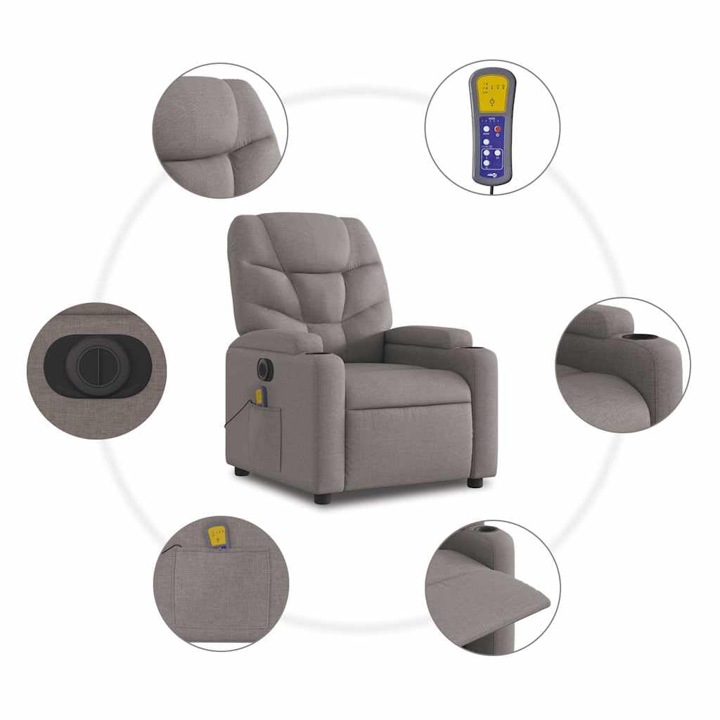 Sillón elevador eléctrico reclinable de tela gris con 6 puntos de vibración y elevación automática, asiento cómodo y estable para relajación y bienestar