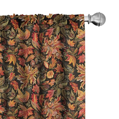 Lunarable Fall Window Curtains Pack of 2, Retro Vibe Exotic Autumnal Theme with Falling Leaves Mandala Ornate, Lightweight Set with Rod Pocket, 4 Panels of - 28" x 84", Black Burnt Sienna and Orange
