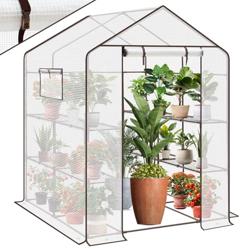 EXCOLO Treibhausfolie Gewächshausfolie Plastikfolie Gartenfolie 8m breit in kristallklar als Folie für Gewächshaus Frühbeet-Schutz Treibhaus Tomatenhaus Folientunnel 3 Sekey Gewächshaus Stabil Foliengewächshaus Windfest Treibhaus Folie Begehbar mit 10 Regalebenen für Pflanzen, Frühbeet 143 x 143 x 195 cm, Weiß