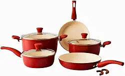 Conjunto de Panelas de Cerâmica Antiaderente Revestido de Granito 5 Peças Livre de PFOA Cozinha Saudável e Durável (Vermelho)