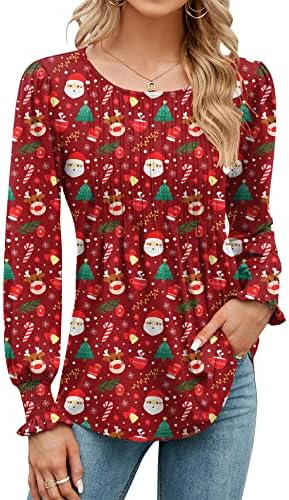 LOMON Christmas Shirts for Women Puff Sleeve Smocked Tops Fall Fashion Blouses Tunics with Smocked Cuffs(Santa Claus Red,M)
