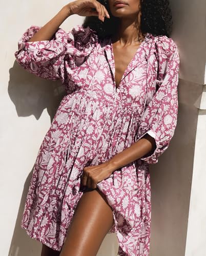 Womens Summer Dresses Casual Boho Floral Babydoll Balloon Sleeve Half Open Tether Flowy Short Beach Dress2