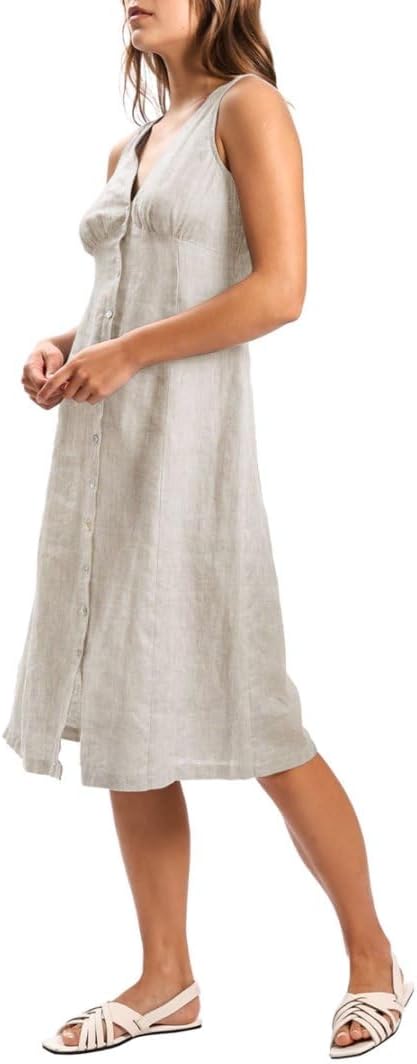 Amazhiyu Womens 100% Linen V Neck Sleeveless Button Down Midi Dress with Pockets - Image 2
