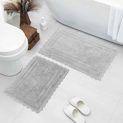 Royal Blaze Juego de 2 alfombrillas de baño reversibles de ganchillo gris, 100 % algodón, lavables, tamaño mediano Rec 21 x 34 pulgadas, pequeño 18 x 26 pulgadas