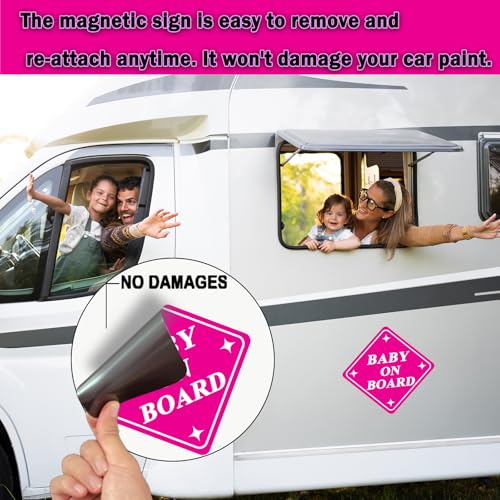 Image of 2 Pack Baby on Board Magnet for Car, Magnetic Safety Sign with Reflective, Strong Car Magnet Sticker, Waterproof Baby in Car Sign for Dad Mom, Easy to Attach and Remove 4.7 Inch(Pink- 2 Pack)