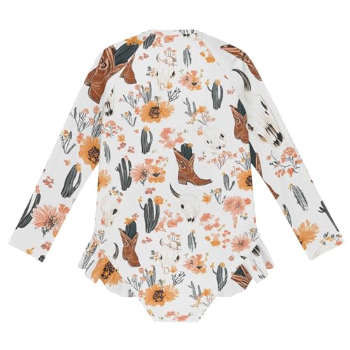 Girls One Piece Swimsuits Long Sleeve Swimsuit Zipper Bathing Suits Western Cowboy Boots Cactus Flower Pattern2
