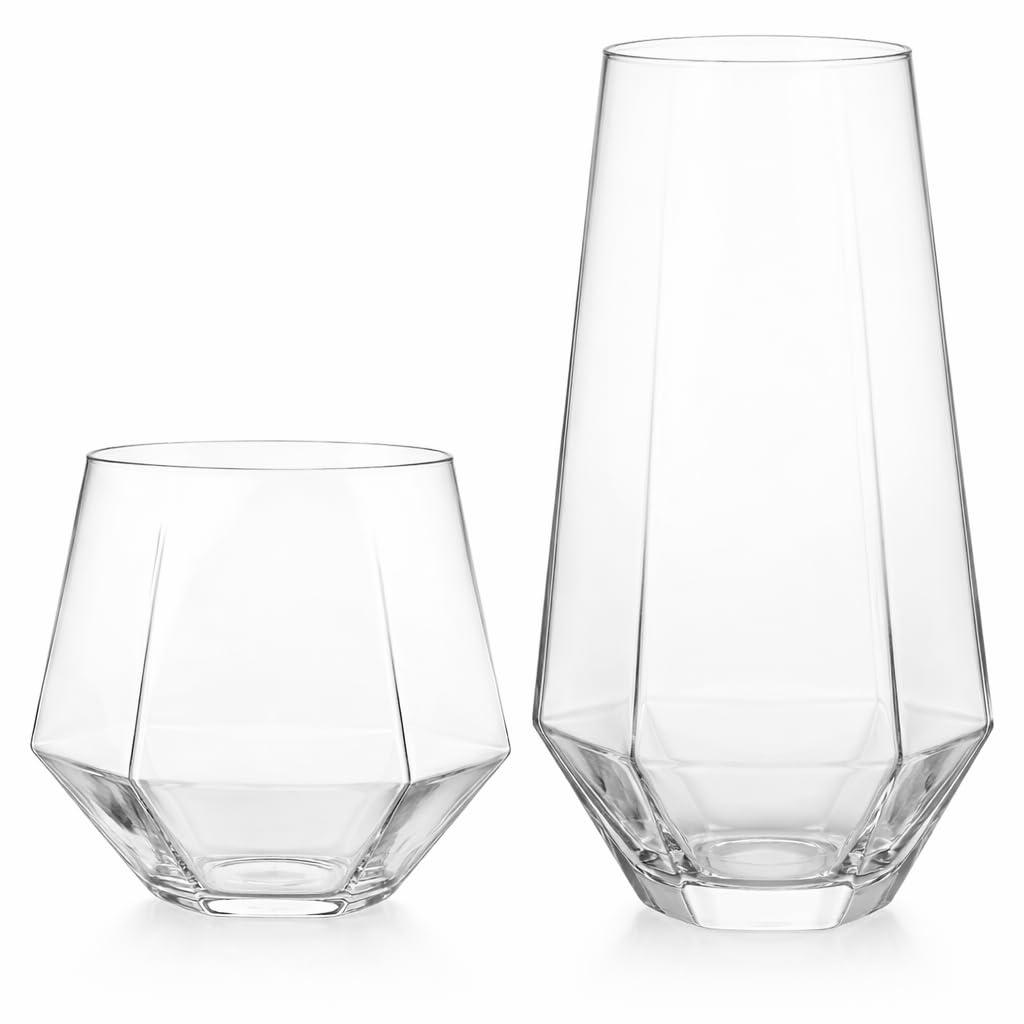 Oojami 48 Pack Diamond Clear Unbreakable Stemless Plastic Glasses 24 9oz Stemless Champagne Flutes 24 12oz Cups BPA-Free