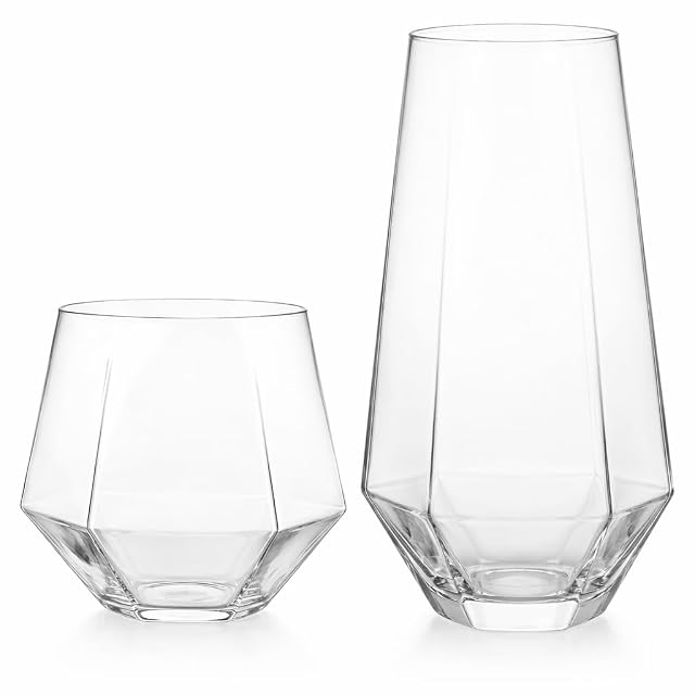 Oojami 48 Pack Diamond Clear Unbreakable Stemless Plastic Glasses 24 9oz Stemless Champagne Flutes 24 12oz Cups BPA-Free
