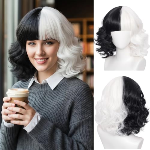 WGPFWIG Short Half Black And White Wig - 14'' Curly Wavy Shoulder Length Pastel Synthetic Cosplay Wig - Heat Resistant For Halloween, Christmas, Carnival Party