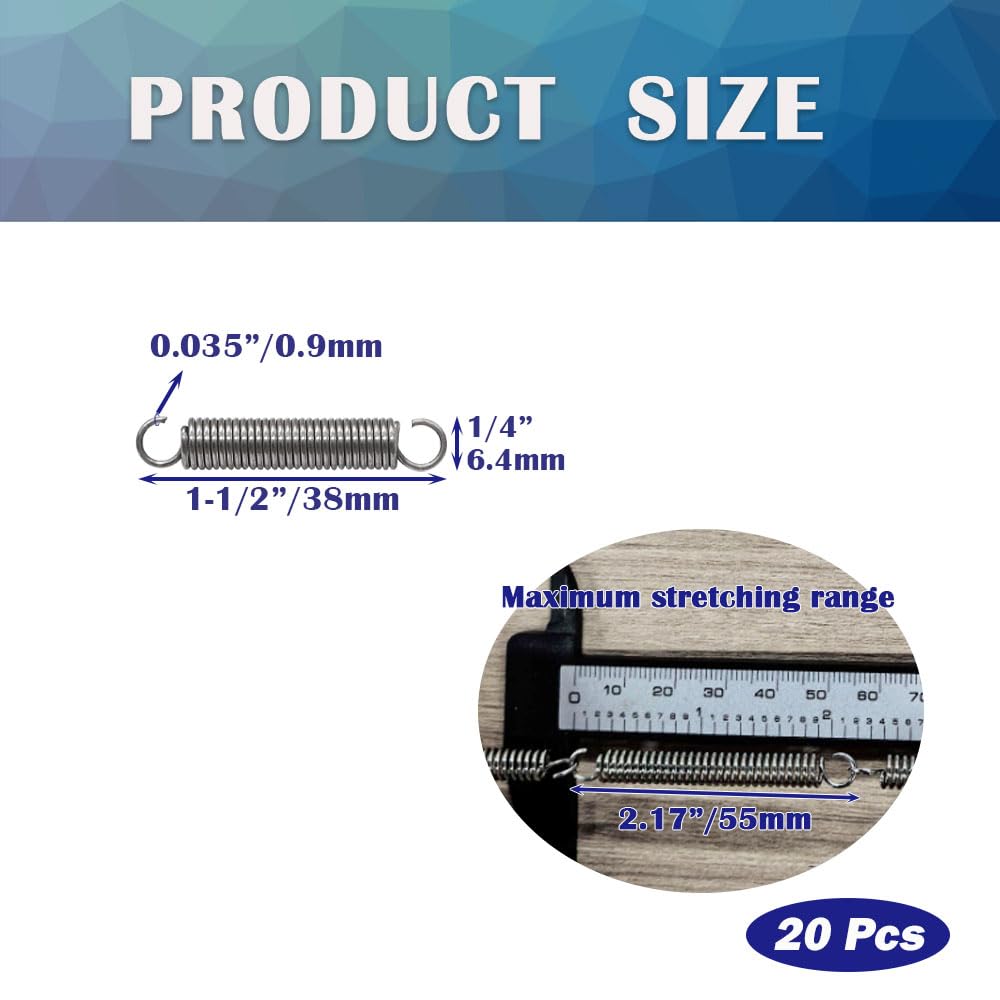 20PCS SP9600 Small Extension Spring 1/4 Inch x 1-1/2 Inch Stainless Steel Mechanical Springs with Hook Ends HE027 — Amazon image 2