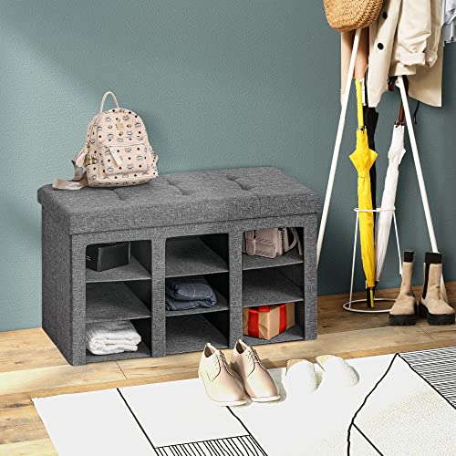 Homcom Modern Folding Shoe Storage Bench With Flipping Lid, Ottoman Bench For Bedroom & Hallway With 9 Cubes, Gray #TOP1