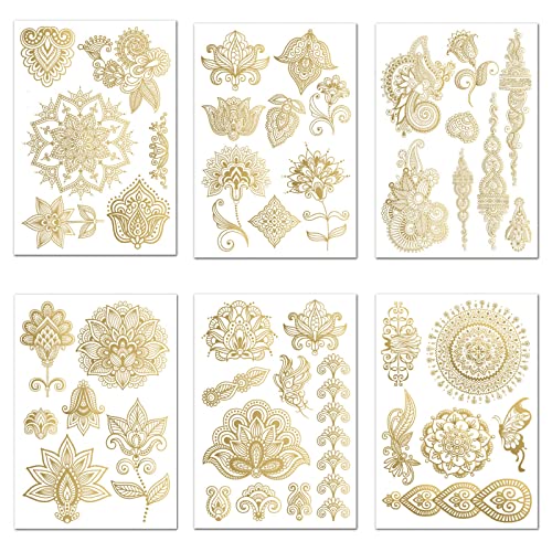 Nirbffo Datura Flower Tattoo Party Body Arm Art Fake Flash Tatoos Gold Metallic Tattoo Sticker Waterproof Temporary Tattoo Sticker Flowers Mandala Rose 6 Sheets
