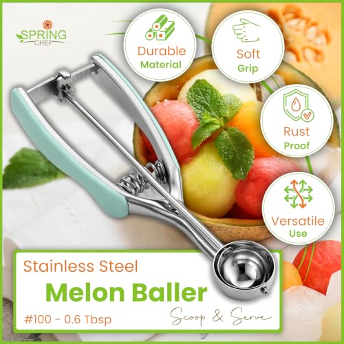 Image of Spring Chef Extra Small Stainless Steel Melon Baller Scoop, #100, Mint | Mini Cookie Scoop for Baking with Trigger Release, Watermelon Scooper, 0.6 Tablespoon (Tbsp), Fruit Scooper and Baller