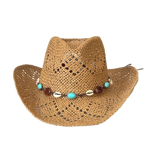 Image of FeMereina Women Straw Cowgirl Hat Western Bead Belted Sun Protection Holiday Beach Hiking Cap (Khaki, ONE Size)