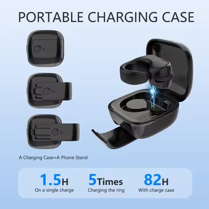 The ByteWave D06 Pro Ring Mouse charging case used as a stand for smartphones and tablets, demonstrating its versatility.