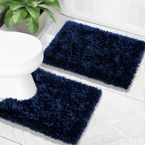 Image of Yimobra Toilet Rugs U Shaped Washable, Extra Thick Soft Absorbent Chenille Contour Bathroom Rugs for Toilet 24x20 Inch, Quick Dry Non Slip Toilet Mat for Bath Floor, Dark Blue